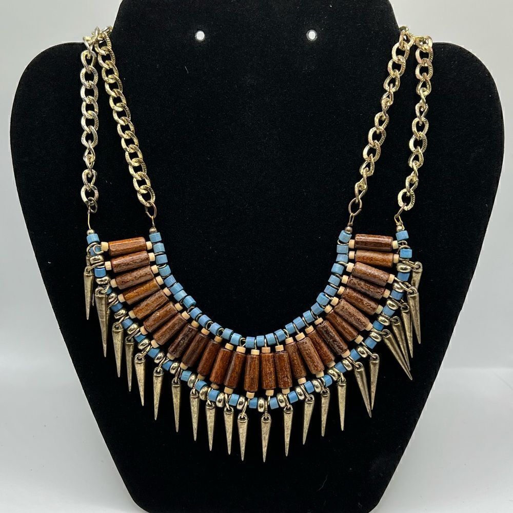 *3/$20* Brass tone and wooden bead tribal boho necklace